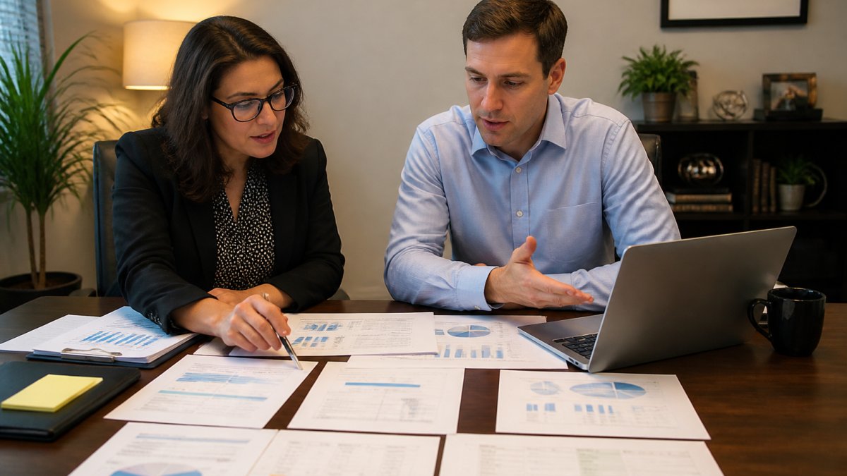 An HR manager and a benefits consultant reviewing claims reports and spreadsheets at a conference table in a small office, laptop open and printed benefit summaries spread across the table under warm overhead lighting