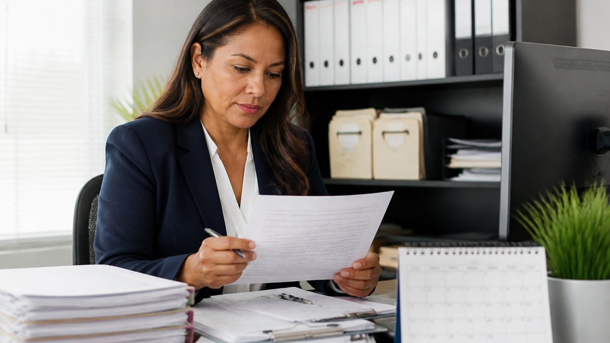 HR professional reviewing benefits documentation at a desk with calendar, checklist, and computer visible, organized workspace with filing system