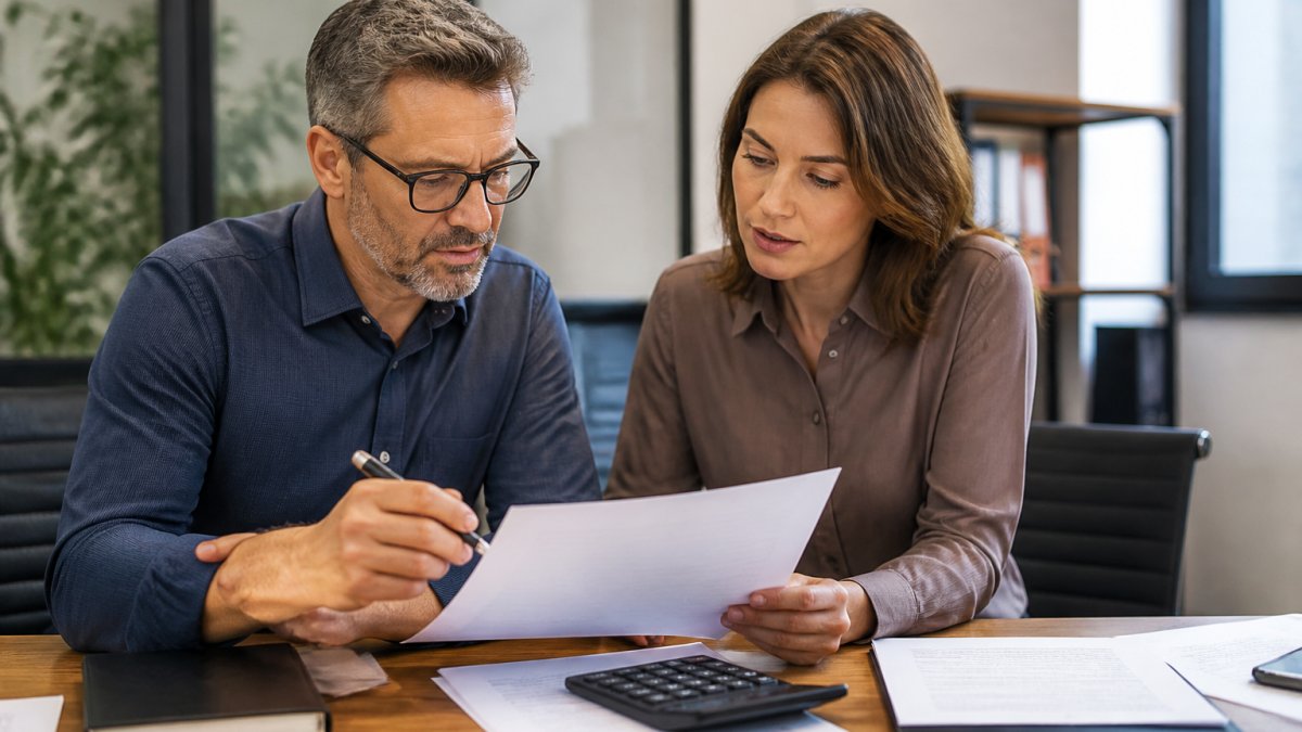 Professional HR manager and business owner reviewing payroll tax savings calculations on a laptop at a desk with financial documents and calculator visible, natural office lighting